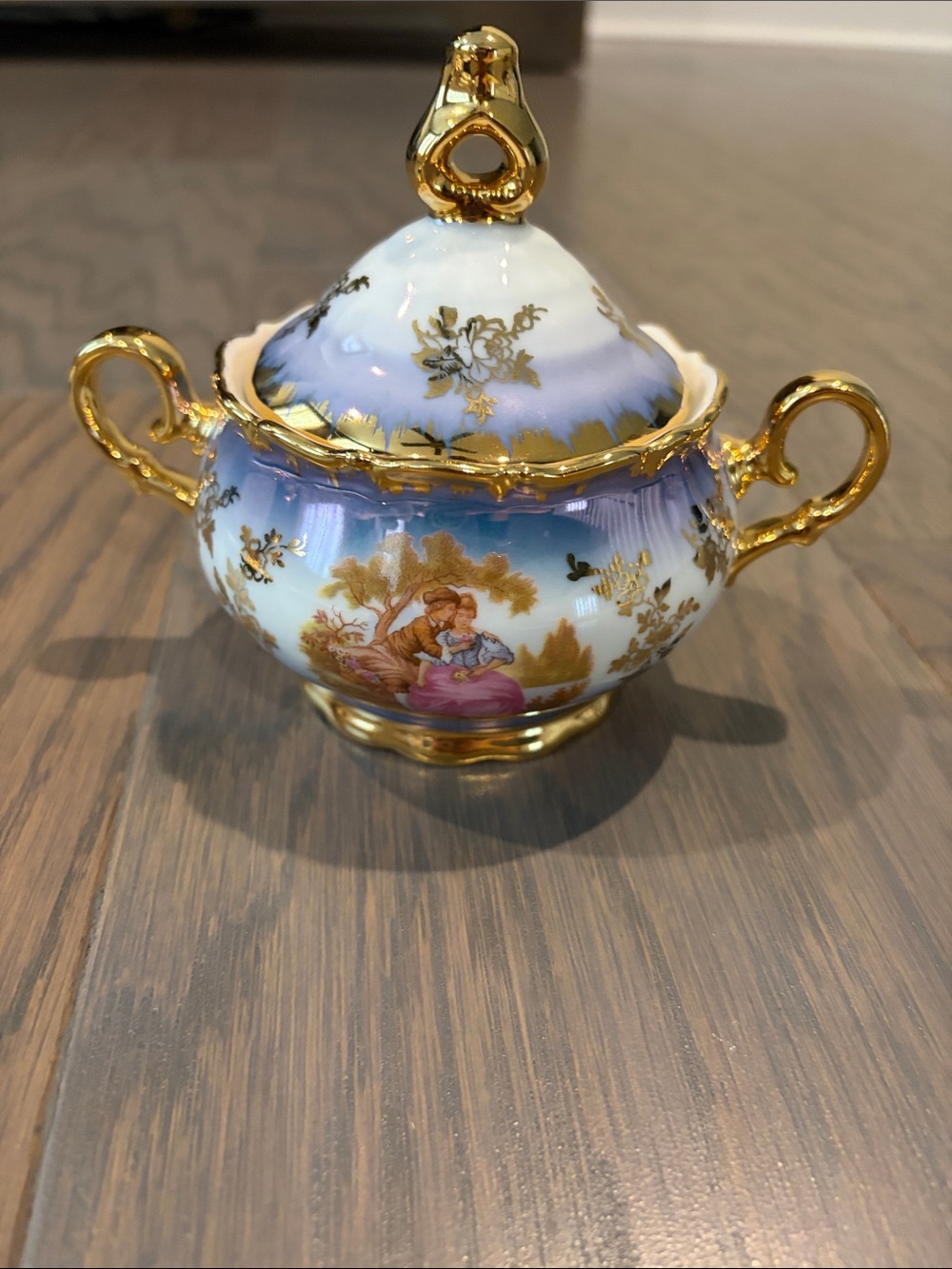 Vintage 22 Karat Gold Kleiber Porcelain Covered Sugar Bowl German Couple